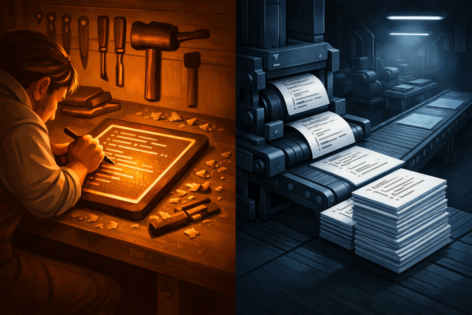 One side warm, one side cold. Code as craft versus code as industry.